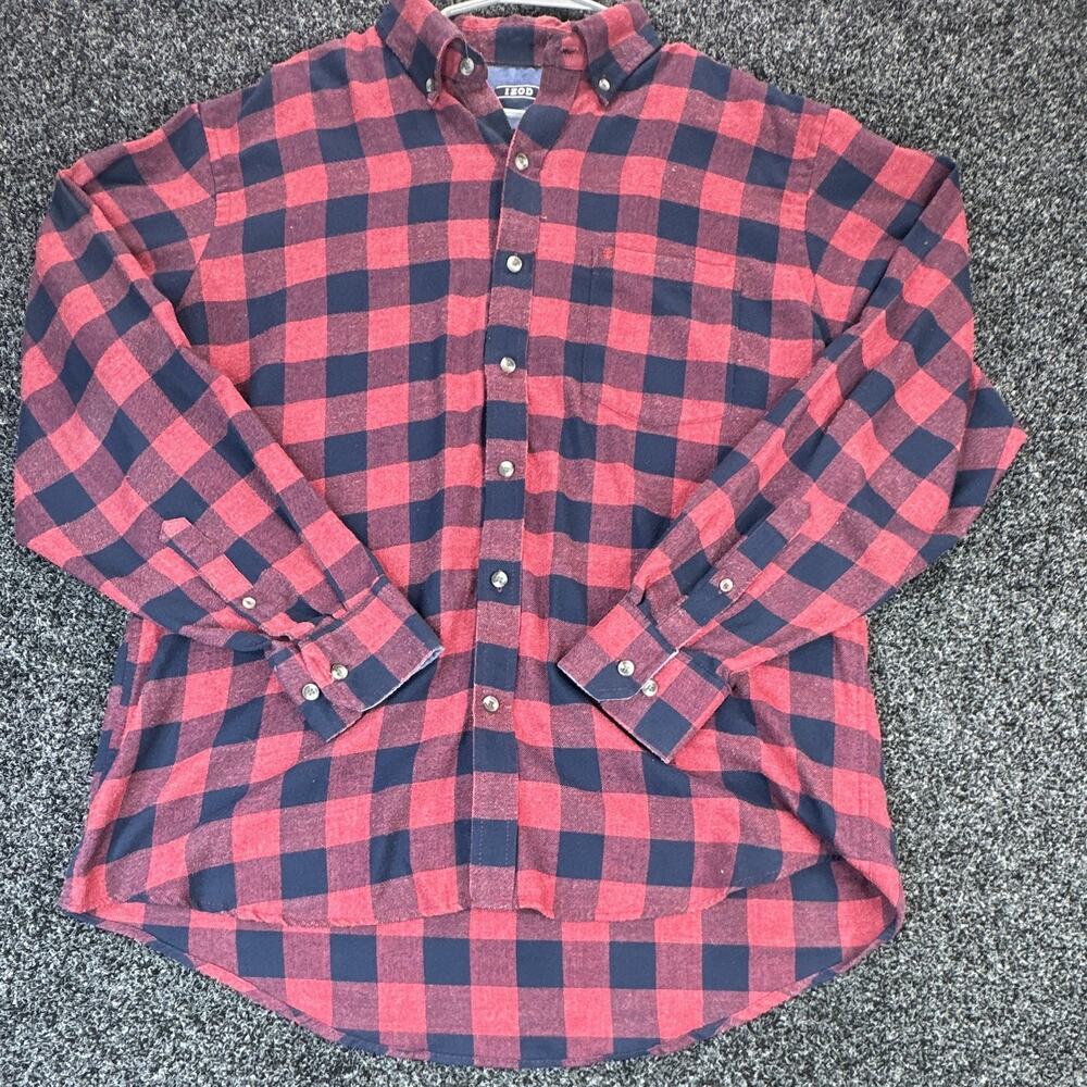 IZOD Men's L Red/Blue Cotton/Poly Flannel Plaid L/S Button-Down Button-Up